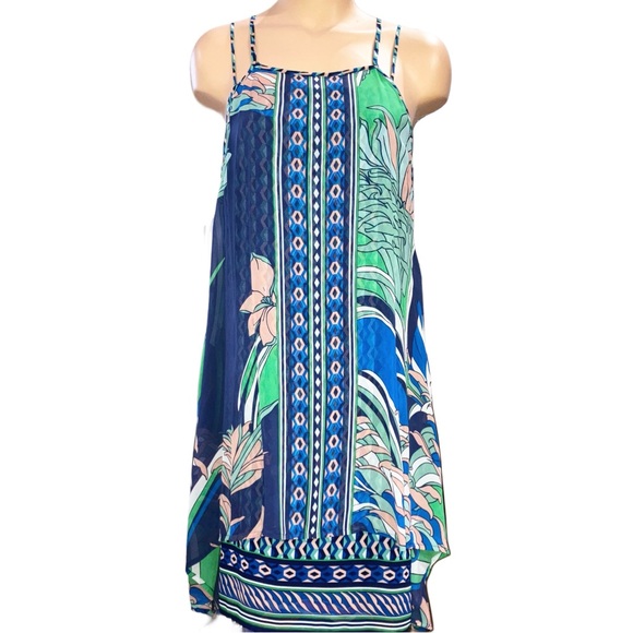 Anthropologie Maeve Laurel SILK Slip Dress Blue Green Geo Flowy Bohemian Medium - Picture 7 of 13
